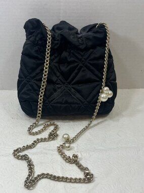 Black Quilted Pouch/Bucket Style Gold Chain w/Pearls Mini Crossbody Purse Sm